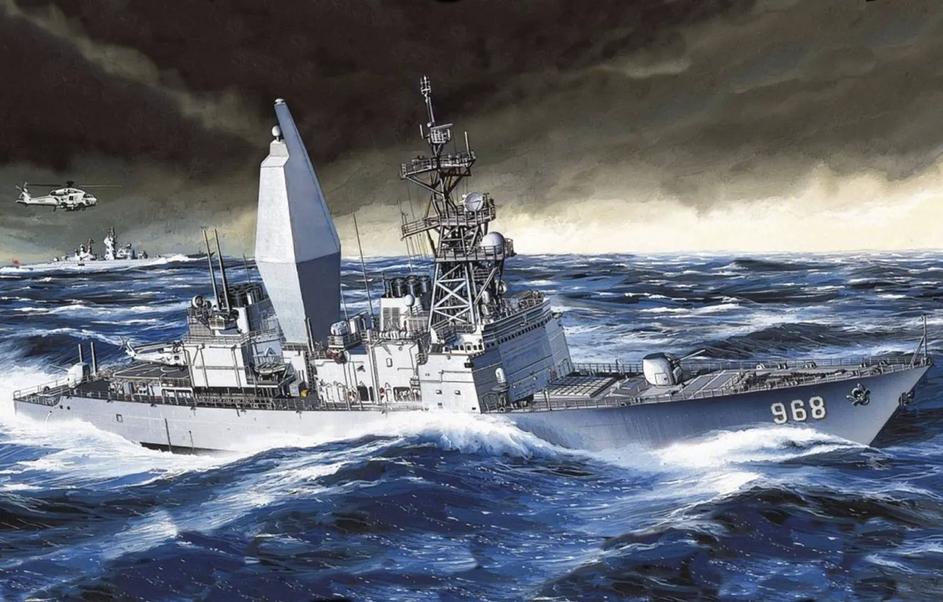 Фото обои море, рисунок, корабли, вертолёт, вмс сша, USS Arthur W. Radford, Spruance-class destroyer, United States Navy