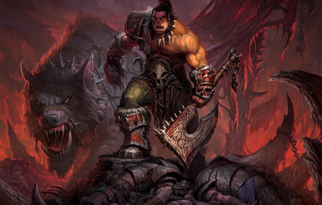 Фото обои волк, воин, World of Warcraft, топор, цепи, Warcraft, орк, wow