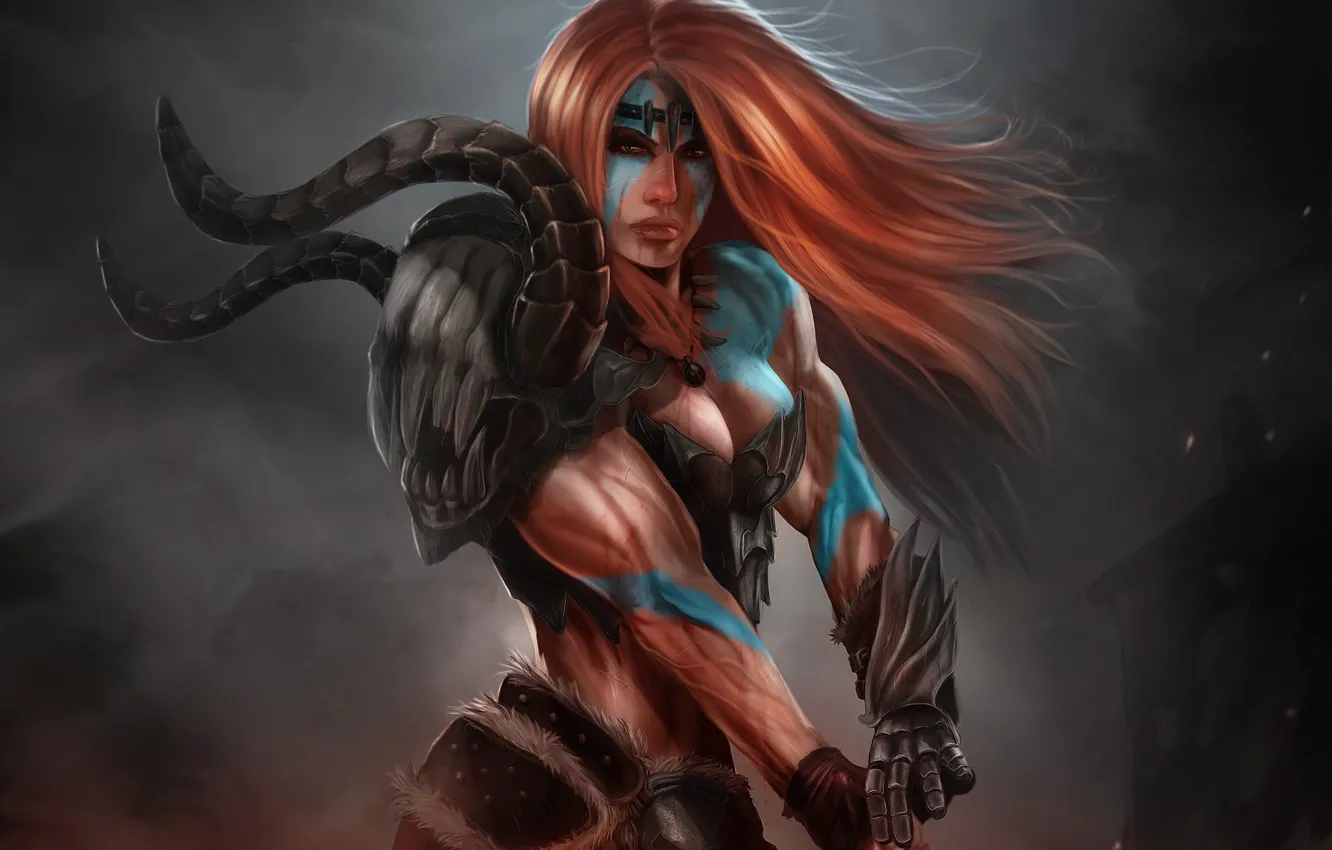Фото обои девушка, арт, рыжая, раскраска, мускулы, Diablo III, варвар, Barbarian