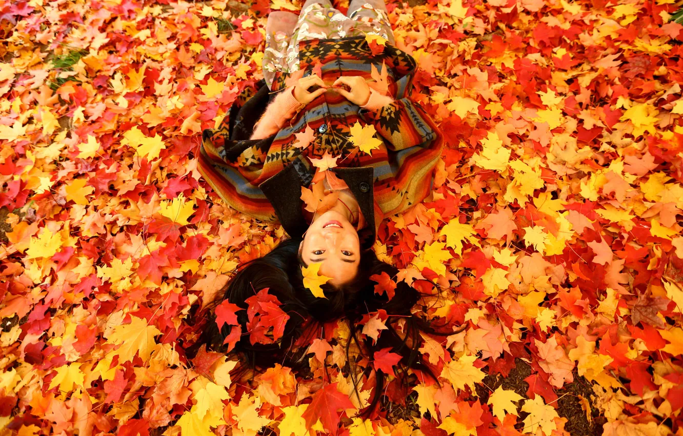 Фото обои осень, листья, девушка, азиатка