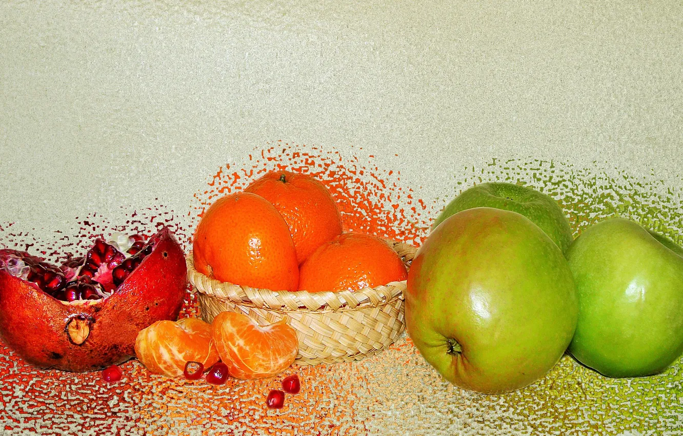 Фото обои фрукты, натюрморт, гранат, мандарины, авторское фото Елена Аникина, зелёные яблоки