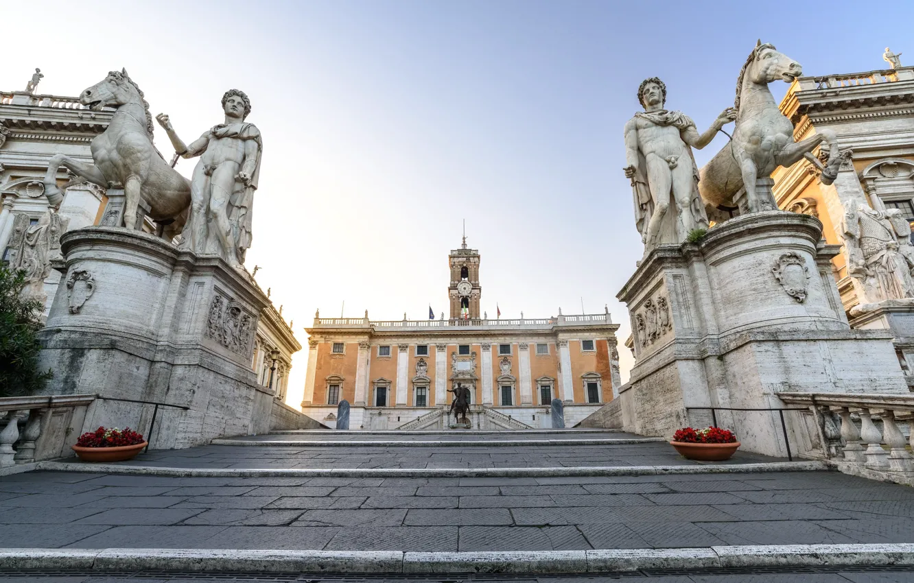 Фото обои Рим, Италия, лестница, статуя, Капитолийский холм