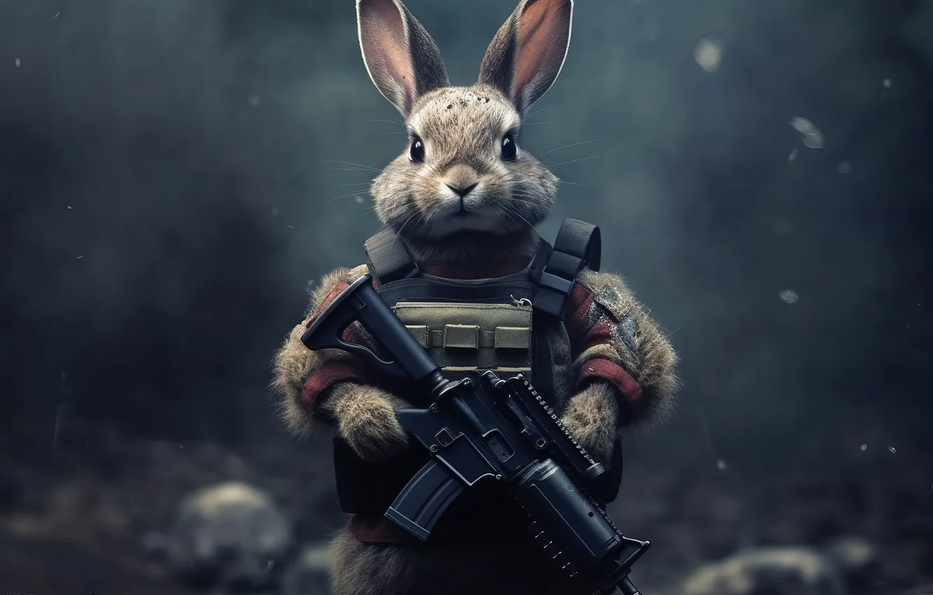 Фото обои gun, soldier, animals, minimalism, rabbits, uniform, vest, simple background