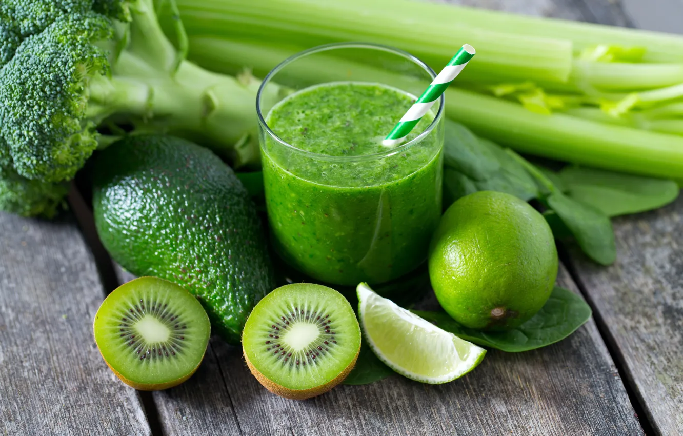 Фото обои зелень, стакан, киви, сок, зелёный, лайм, трубочка, фрукты