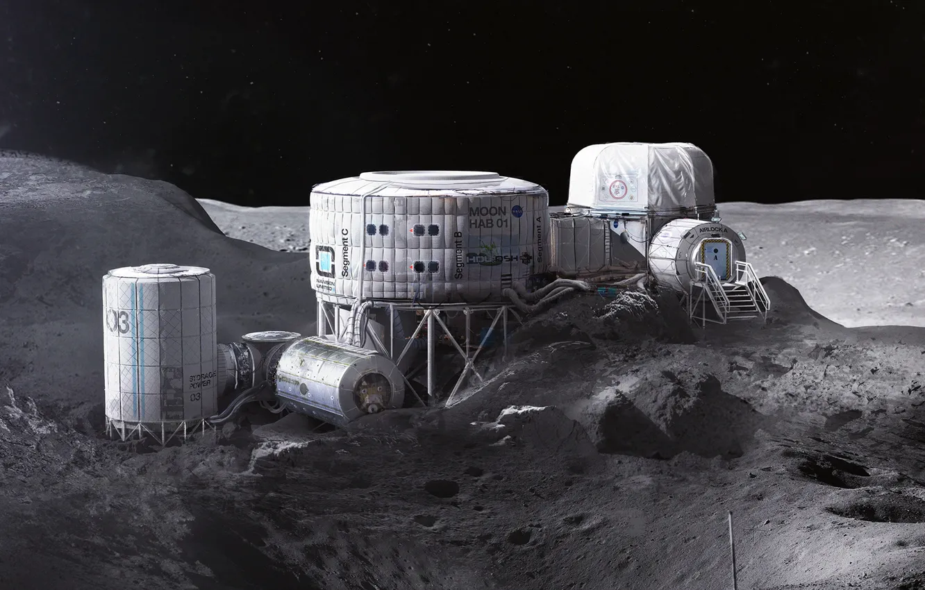 Фото обои холмы, звёзды, станция, база, Twardowskys Moon habitat