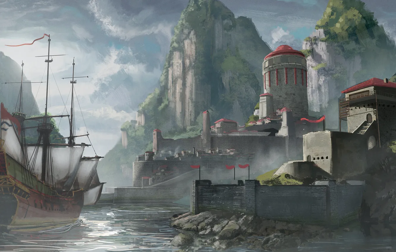 Фото обои горы, замок, скалы, корабль, порт, парус