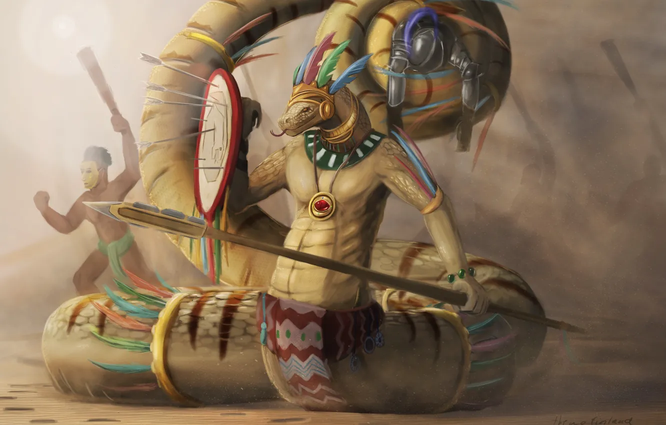 Фото обои бой, копье, Майя, щит, стрелы, Бог, Timi Honkanen, змеиный культ