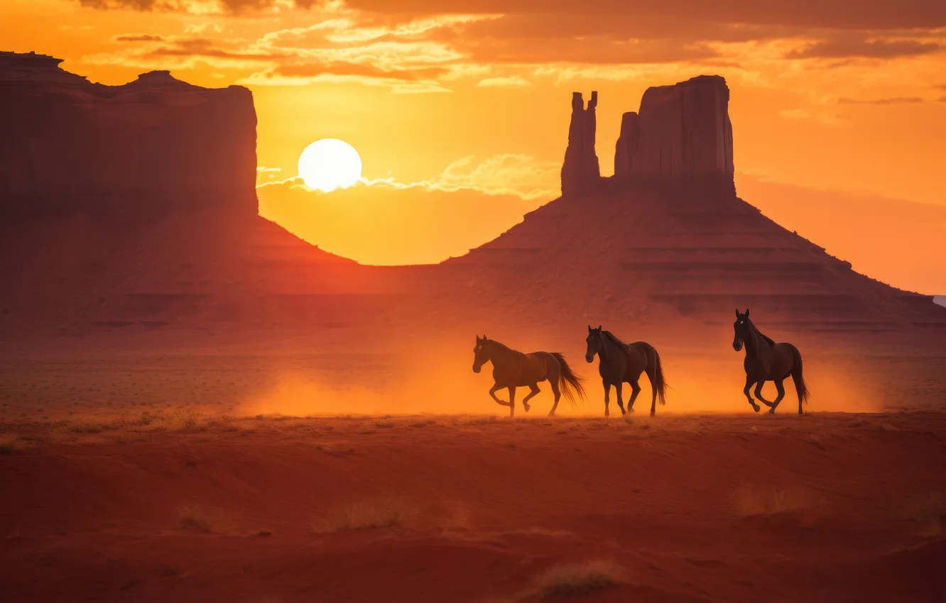 Фото обои light, dust, horses