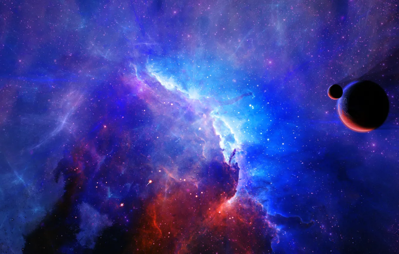 Фото обои звезды, туманность, планета, спутники, nebula