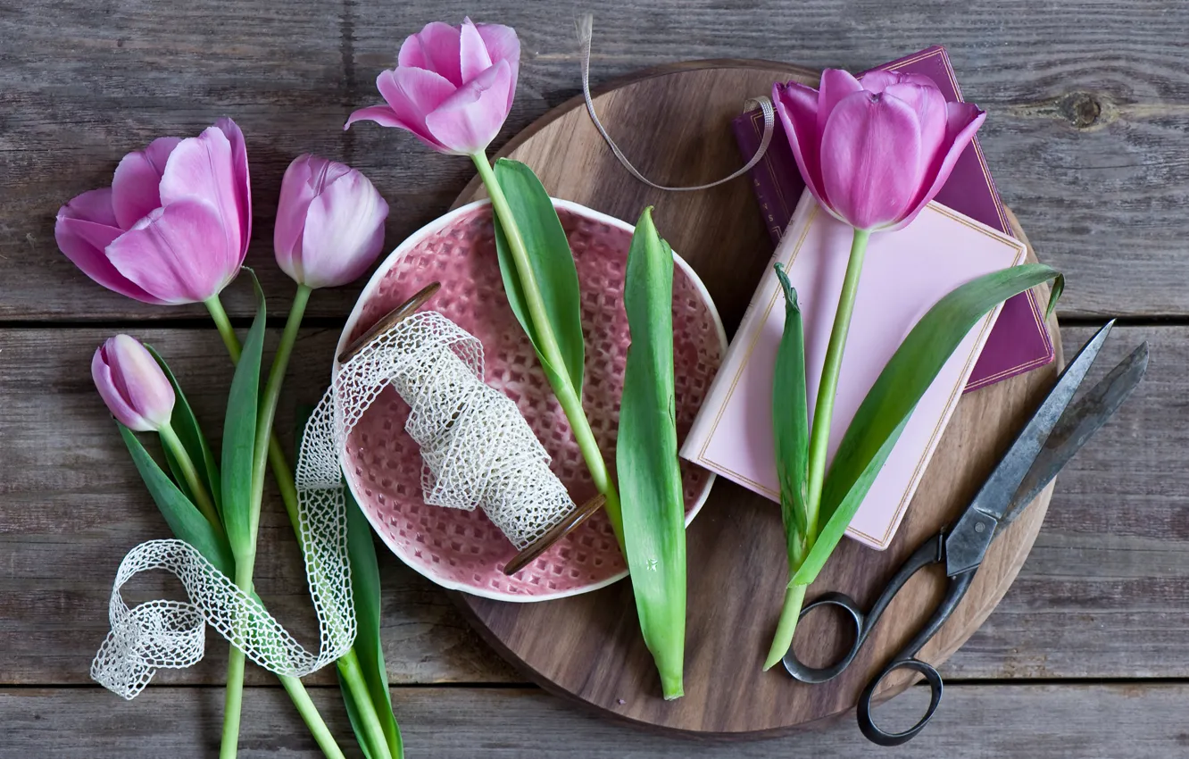Фото обои Pink, тюльпаны, ножницы