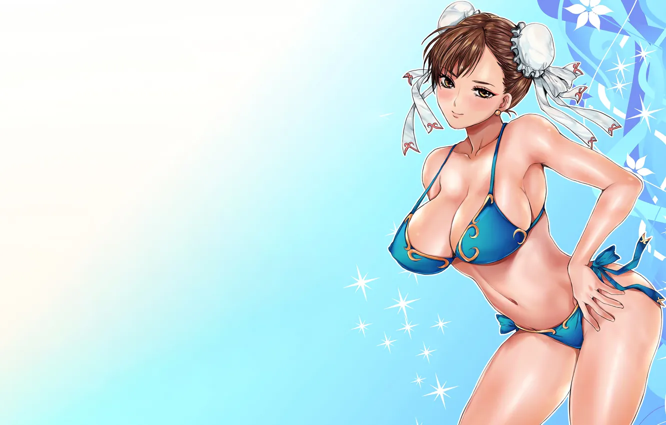 Фото обои girl, sexy, cleavage, brown hair, boobs, anime, beautiful, red eyes