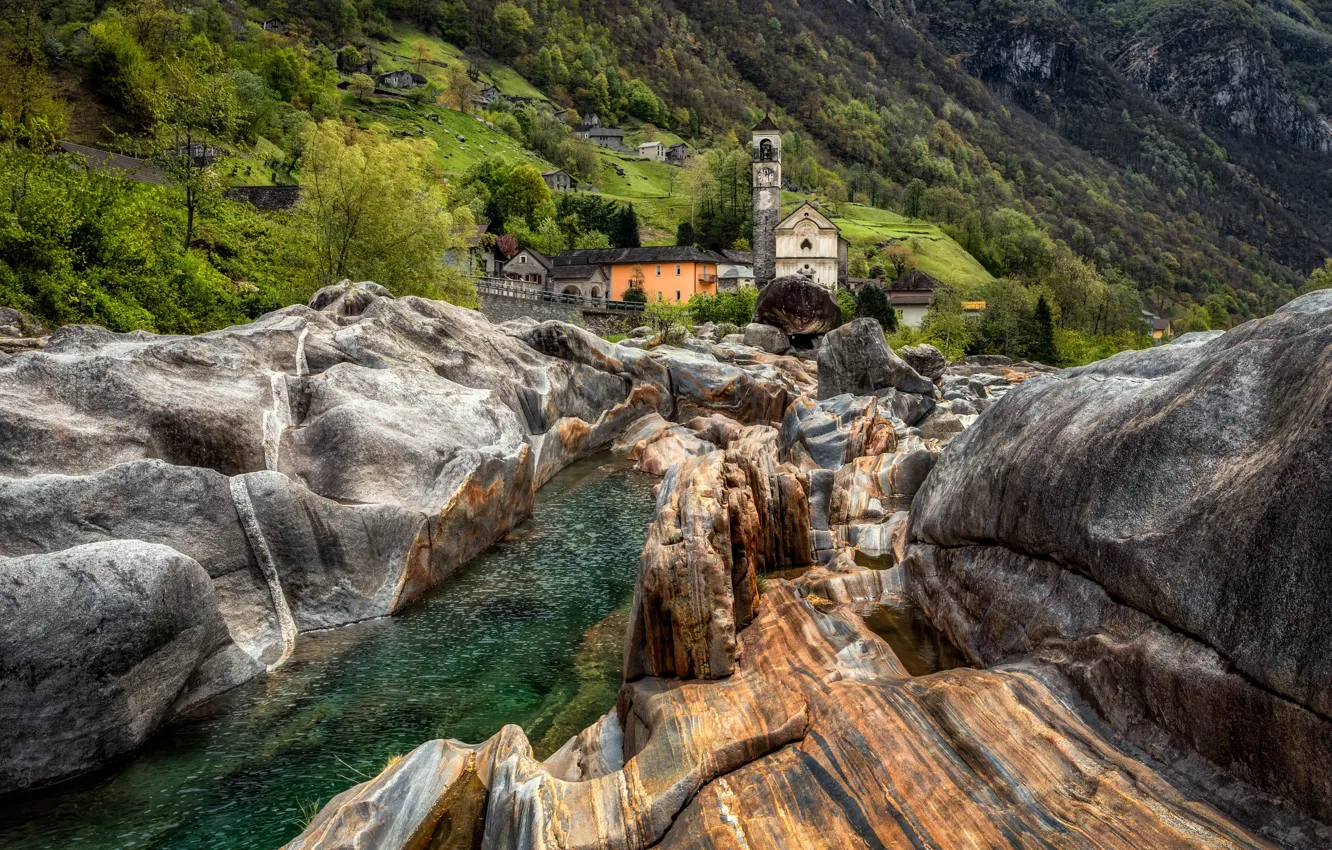 Фото обои пейзаж, природа, река, камни, Швейцария, Александр Безмолитвенный, Вердзаска