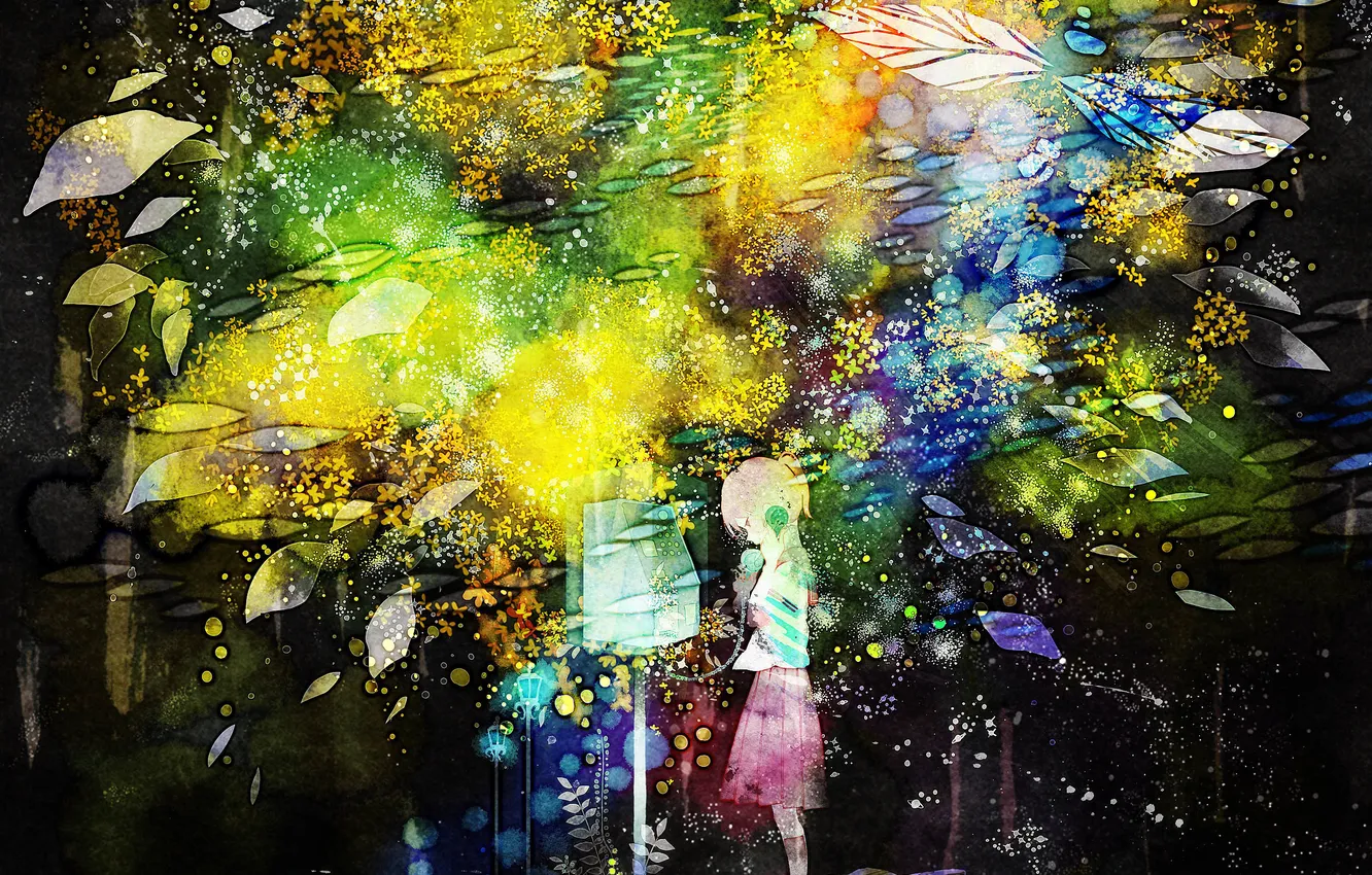 Фото обои девушка, растения, аниме, стрекоза, арт, фонари, телефон, школьница