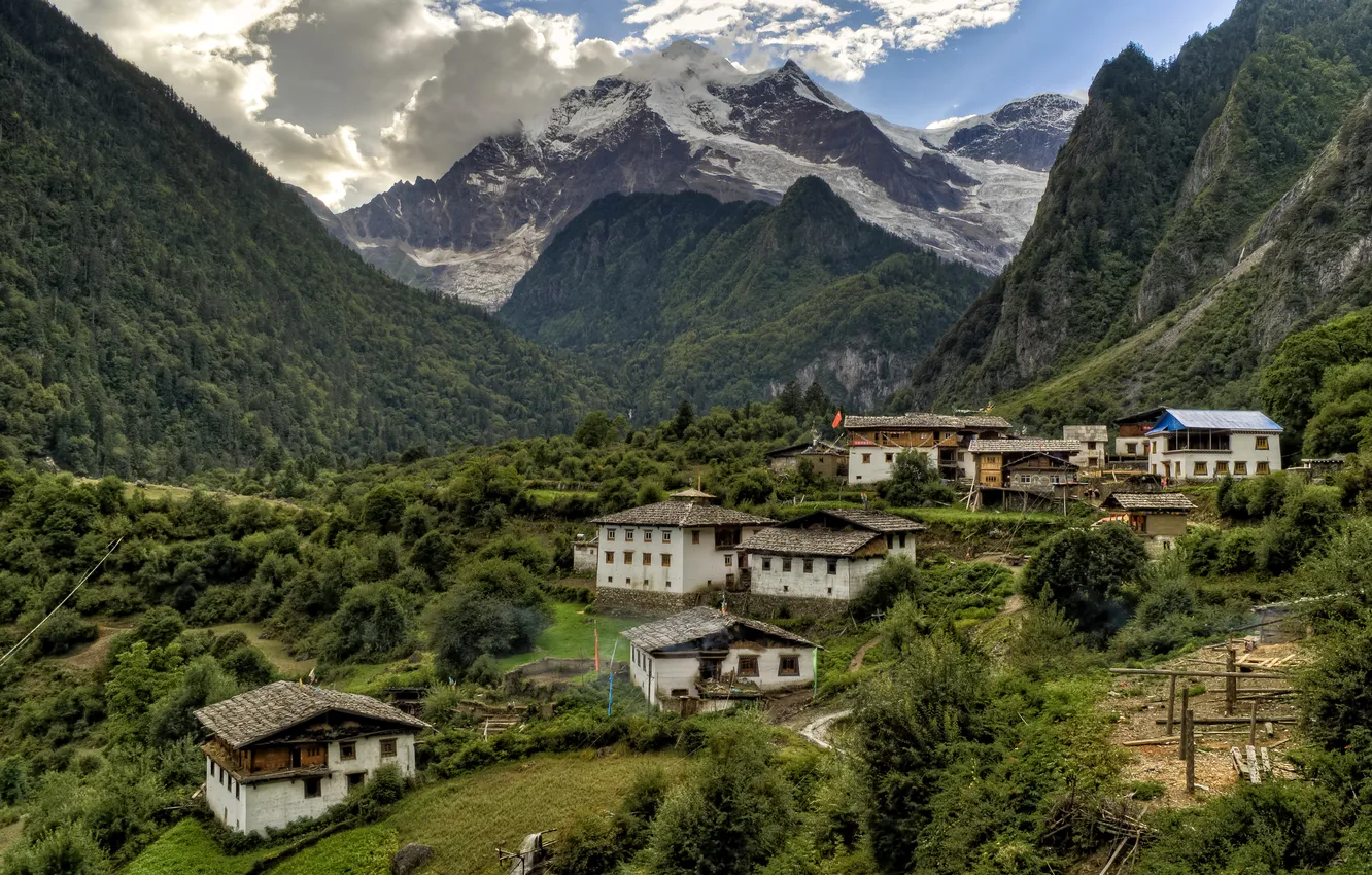 Фото обои горы, скалы, деревня, Китай, домики, ущелье, Yunnan, Yubeng