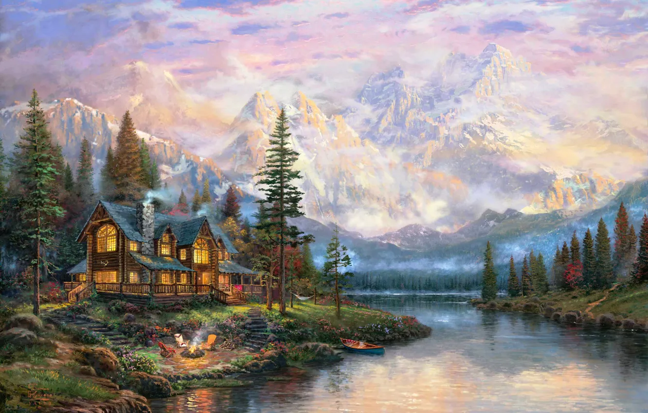 Фото обои лес, горы, туман, дом, река, огонь, лодка, стулья