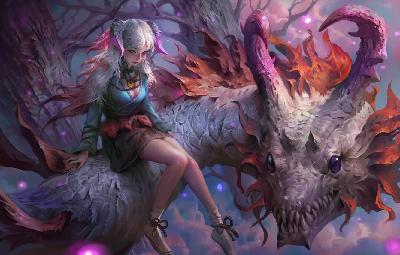 Фото обои girl, fantasy, horns, legs, purple eyes, dragon, digital art, artwork