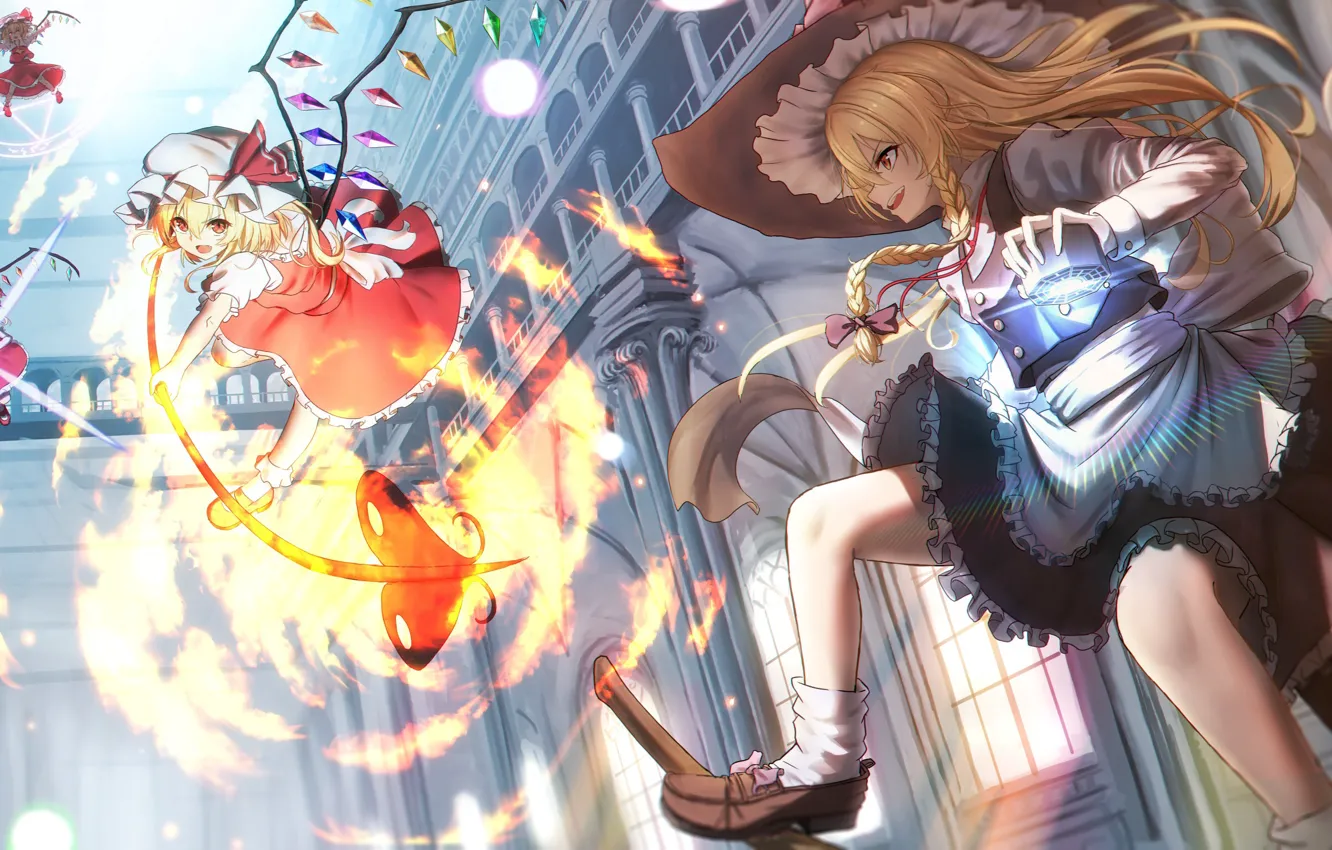 Фото обои девушки, огонь, магия, девочки, сражение, Touhou, Marisa Kirisame, Flandre Scarlet
