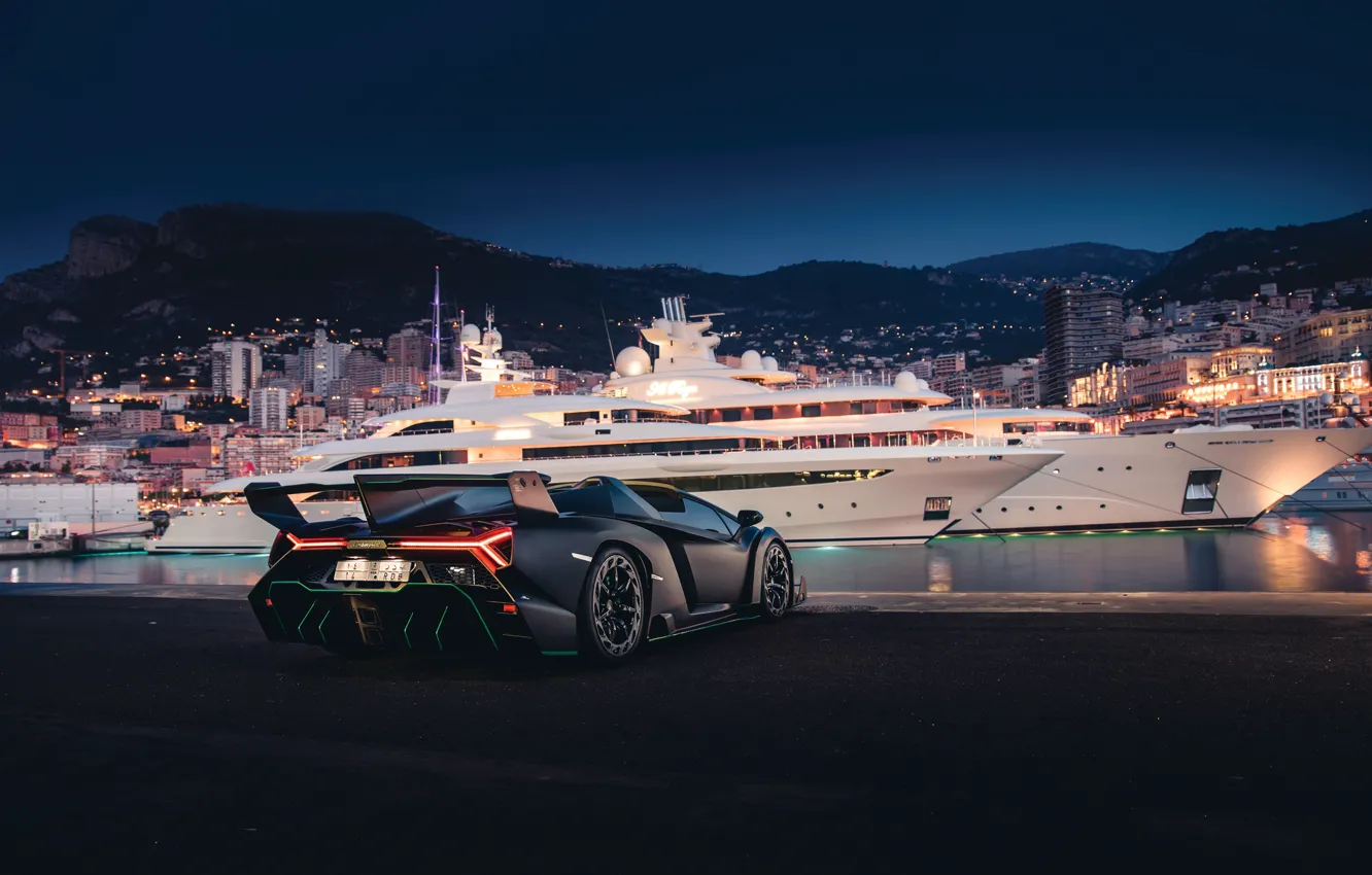 Фото обои Roadster, вечер, Lamborghini, суперкар, Monaco, Монако, Monte Carlo, Veneno