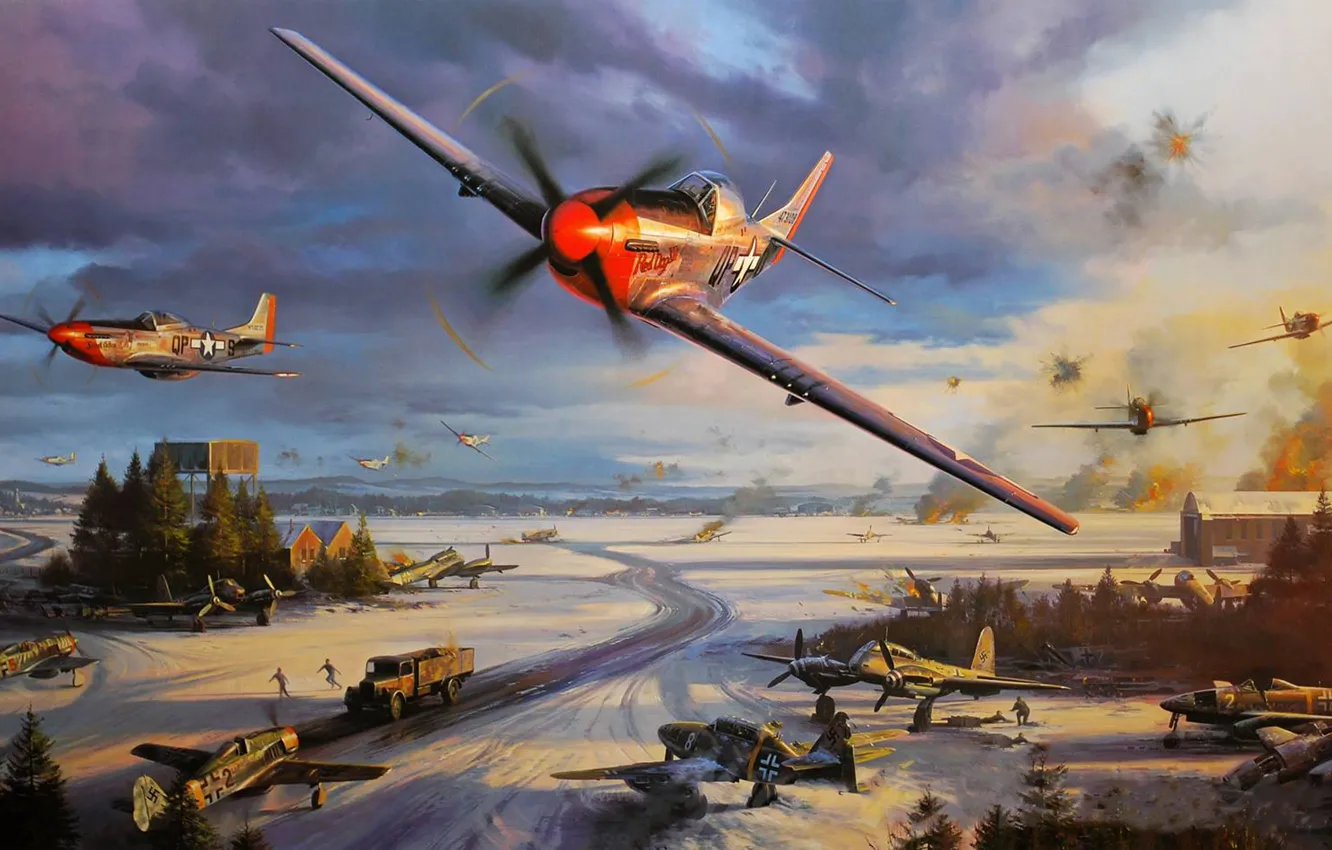 Фото обои война, рисунок, мустанг, налёт, nicolas trudgian, p-51, Авиа арт