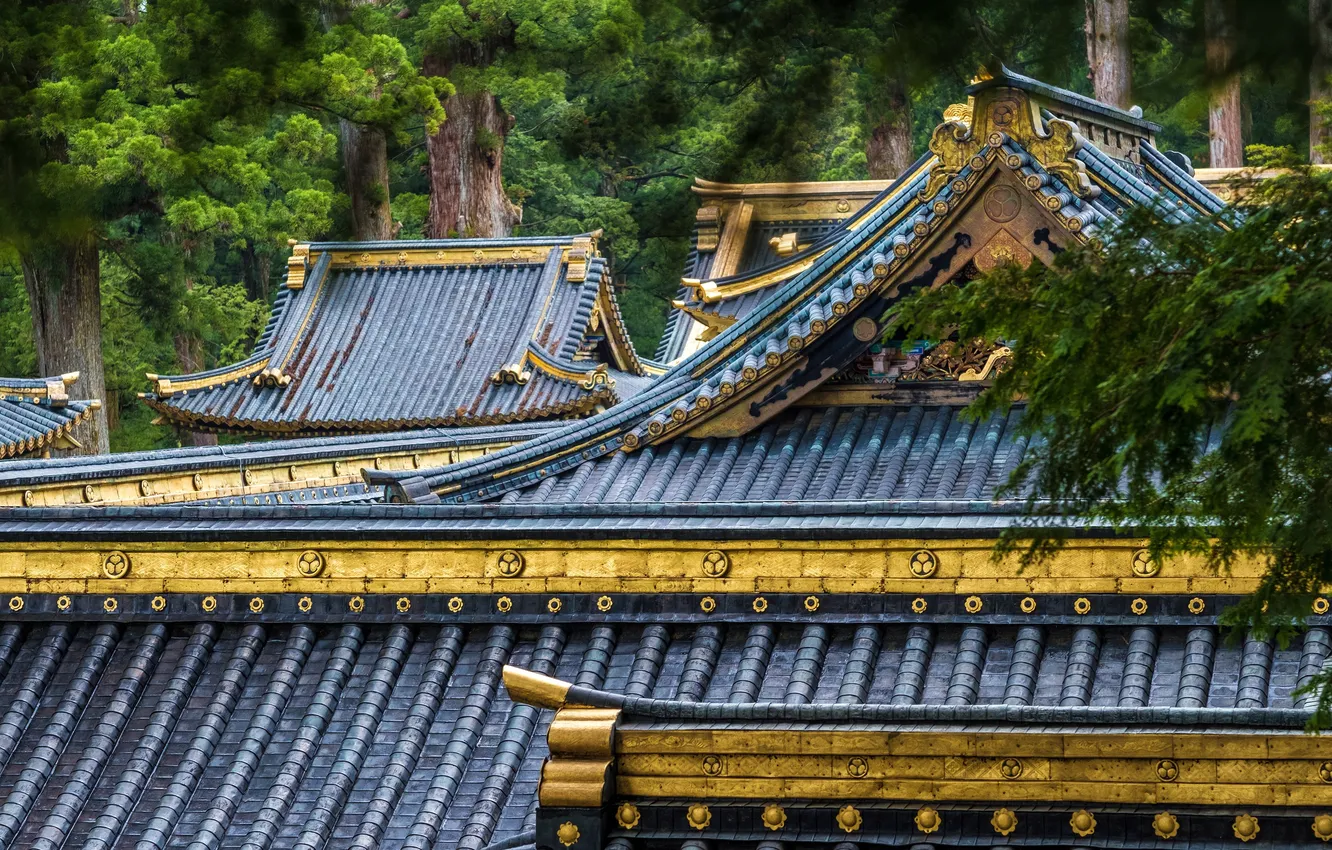 Фото обои Япония, Крыши, архитектура, Хонсю, город Никко, Tochigi Prefecture, Nikko Toshogu Shrine, Храм Никко Тосогу