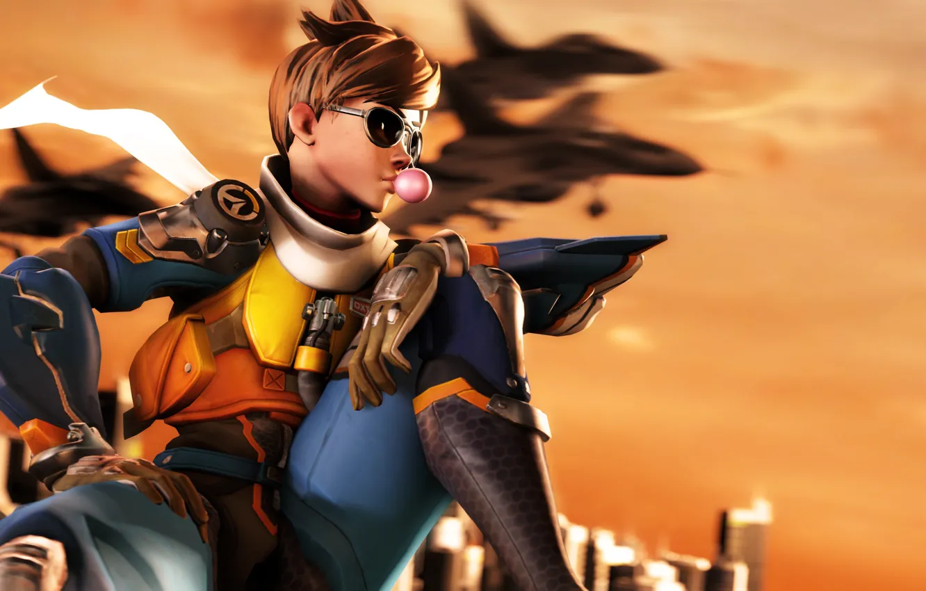 Фото обои девушка, самолет, рендеринг, очки, костюм, пузырь, жвачка, Overwatch