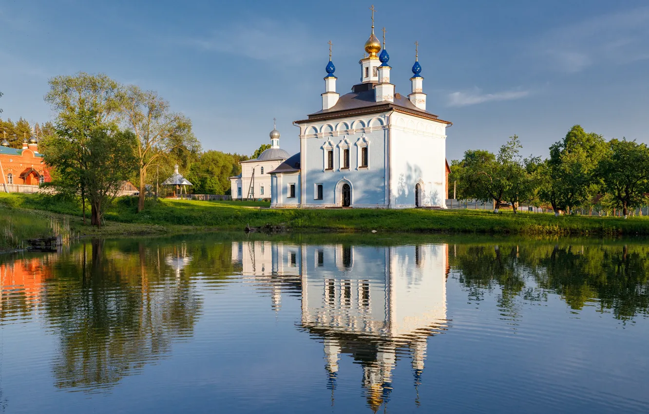 Фото обои пейзаж, город, пруд, отражение, церковь, монастырь, Илья Гарбузов, Белёв