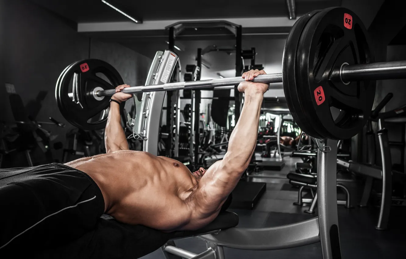 Фото обои поза, железо, muscle, мышцы, штанга, muscles, атлет, бицепс
