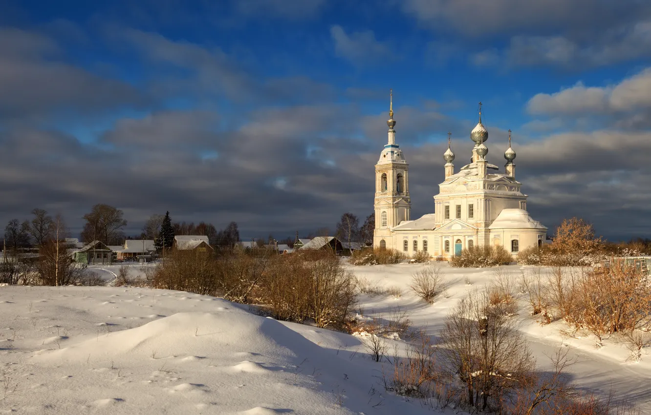Фото обои зима, снег, пейзаж, природа, село, деревня, церковь