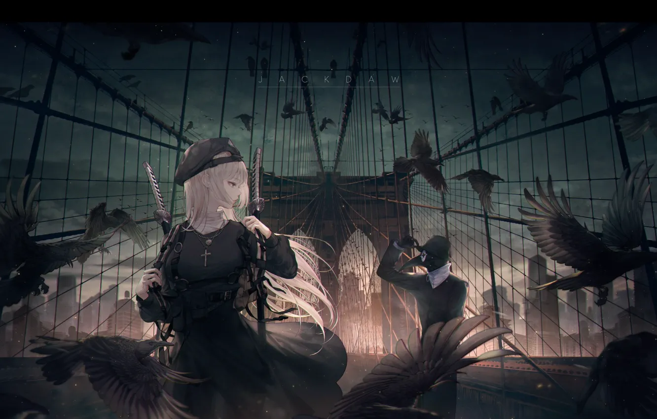 Фото обои девушка, птицы, мост, вороны, мечи, seol