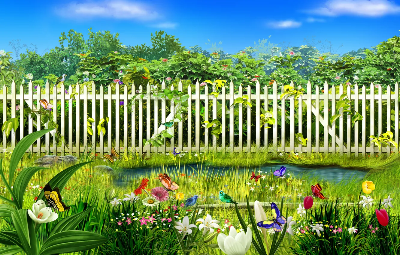 Фото обои трава, вода, бабочки, цветы, забор