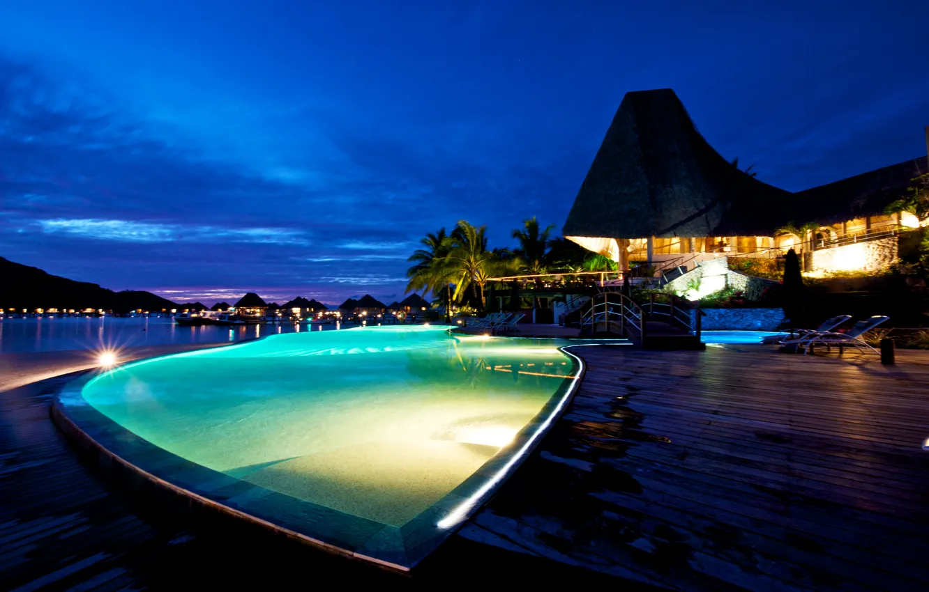 Фото обои тропики, пальмы, океан, вечер, бассейн, курорт, бунгало