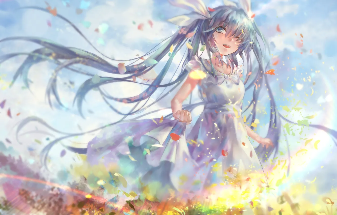 Фото обои небо, девушка, облака, радость, цветы, аниме, арт, vocaloid