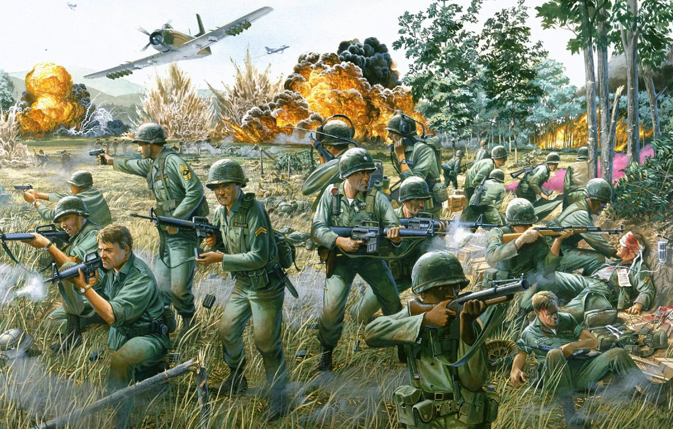 Фото обои война, рисунок, взрывы, бой, американцы, Вьетнам, а-1, Битва в долине Йа-Дранг