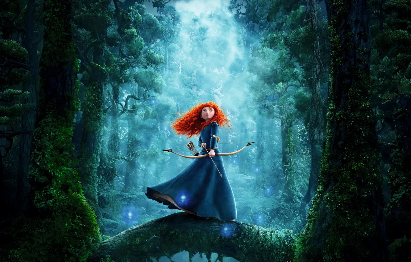 Фото обои туман, мох, лук, лучница, рыжая, стрелы, принцесса, сказочный лес