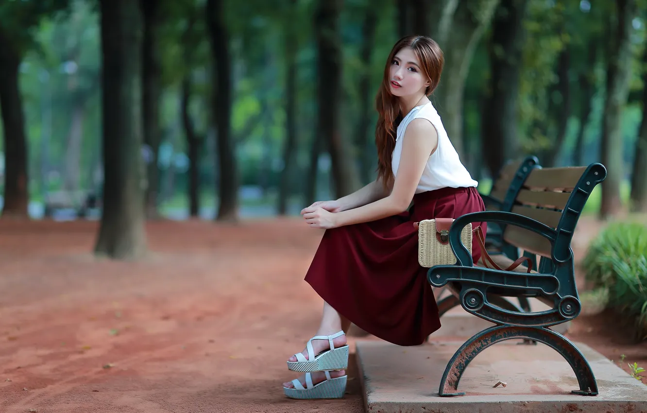 Фото обои девушка, парк, азиатка, милашка, скамья
