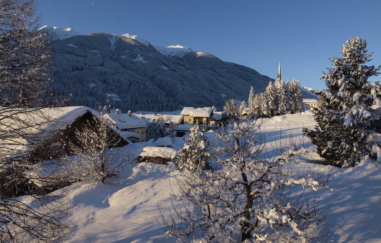 Фото обои зима, снег, пейзаж, горы, природа, дома, деревня, леса