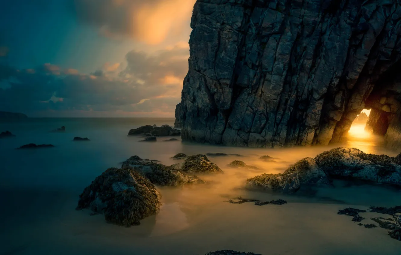 Фото обои скала, рассвет, Шотландия, арка, остров Скай