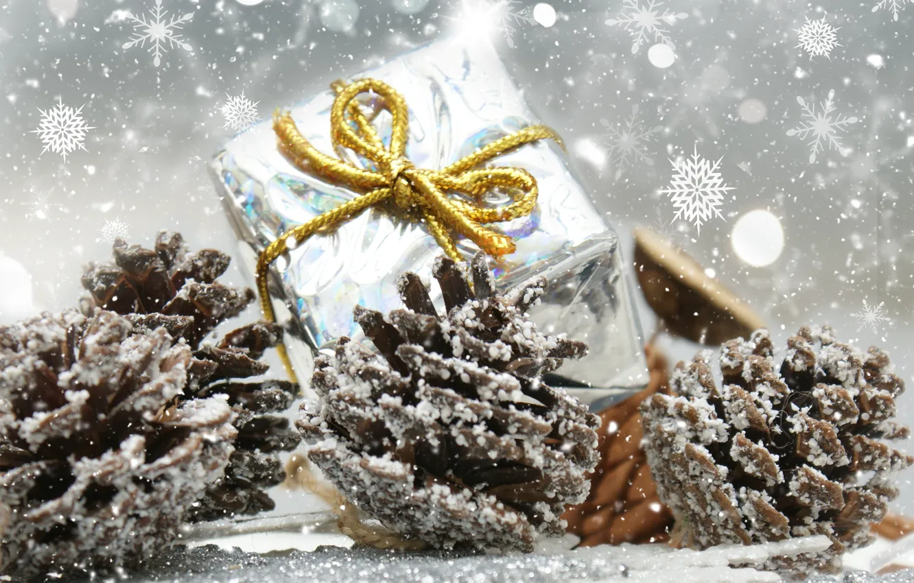 Фото обои подарок, новый год, Рождество, шишки, merry christmas, Xmas, decoration, holiday celebration
