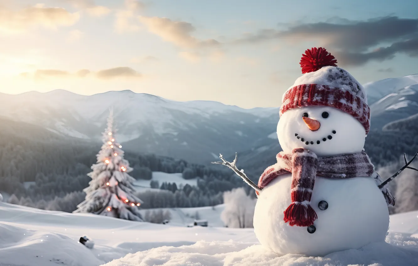 Фото обои зима, снег, Рождество, Новый год, снеговик, Christmas, winter, snow