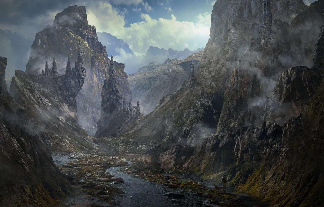 Фото обои горы, замок, скалы, ущелье, речка, путник, A WALK