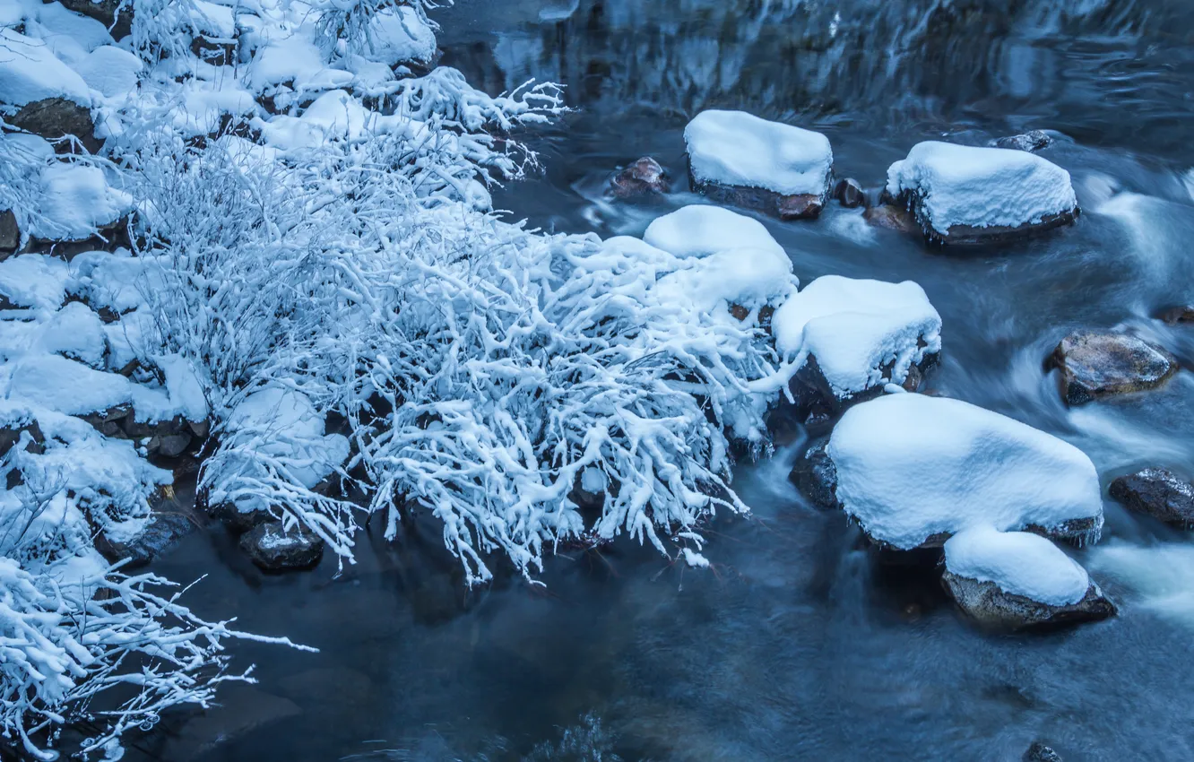 Фото обои зима, снег, природа, река, камни