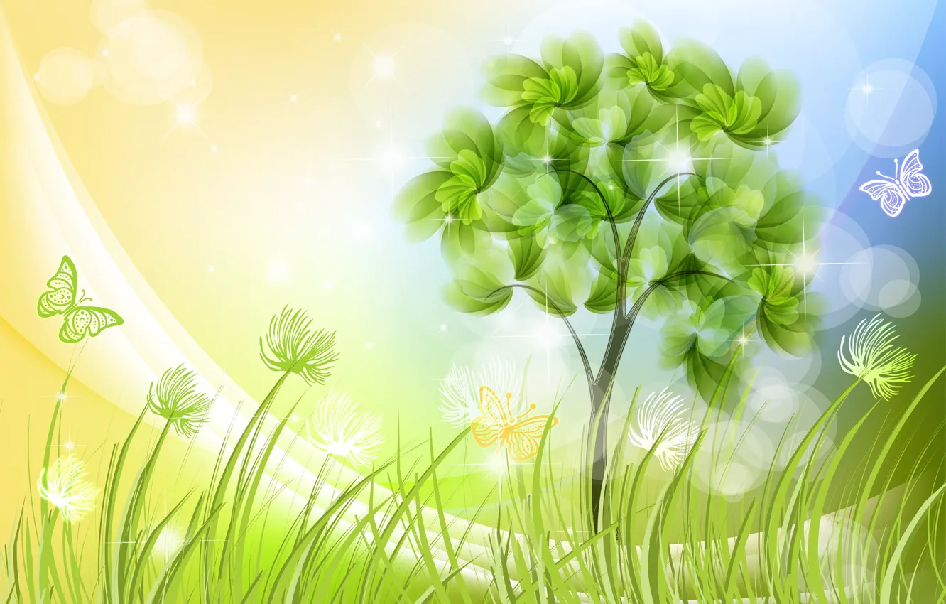 Фото обои трава, бабочки, дерево, рисунок