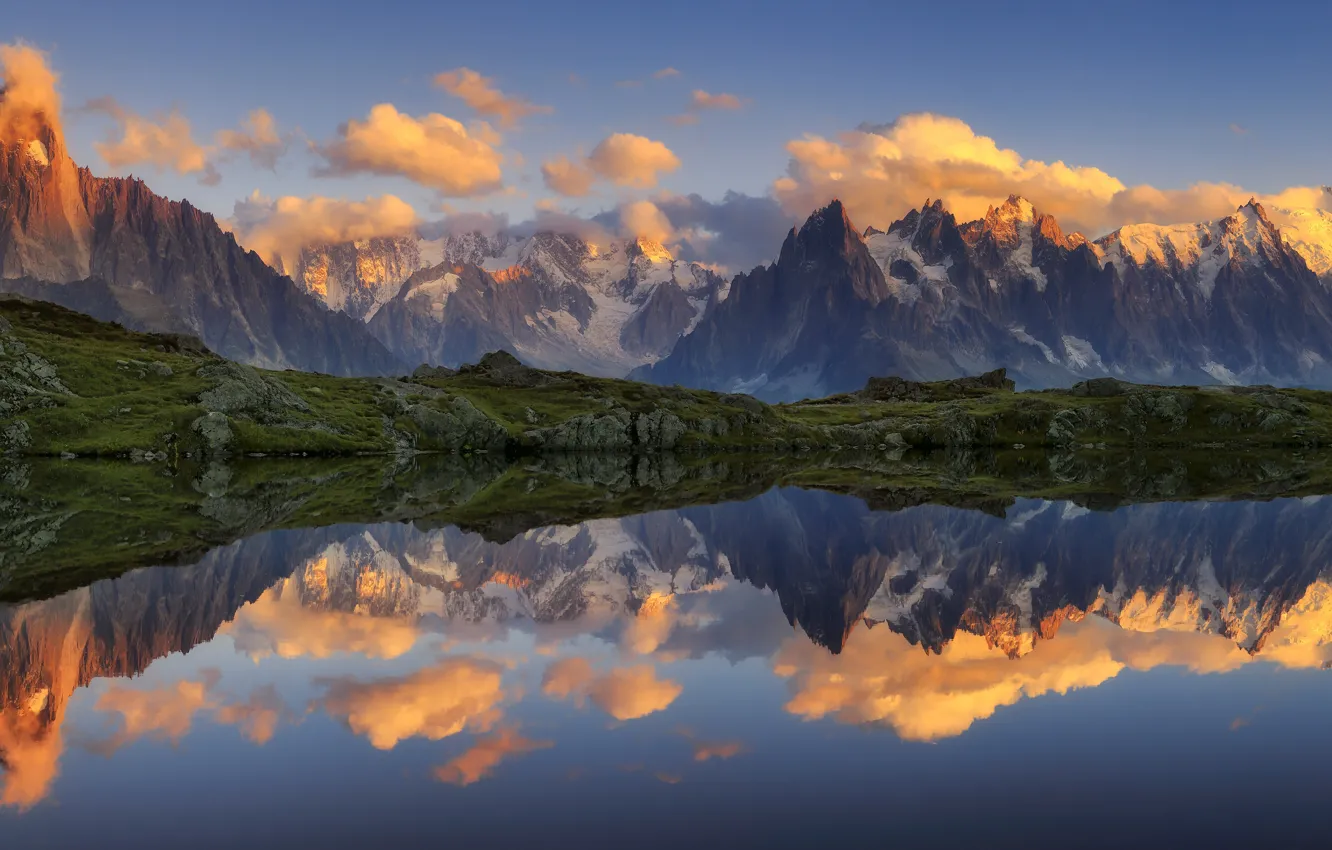 Фото обои горы, отражение, панорама, водоем