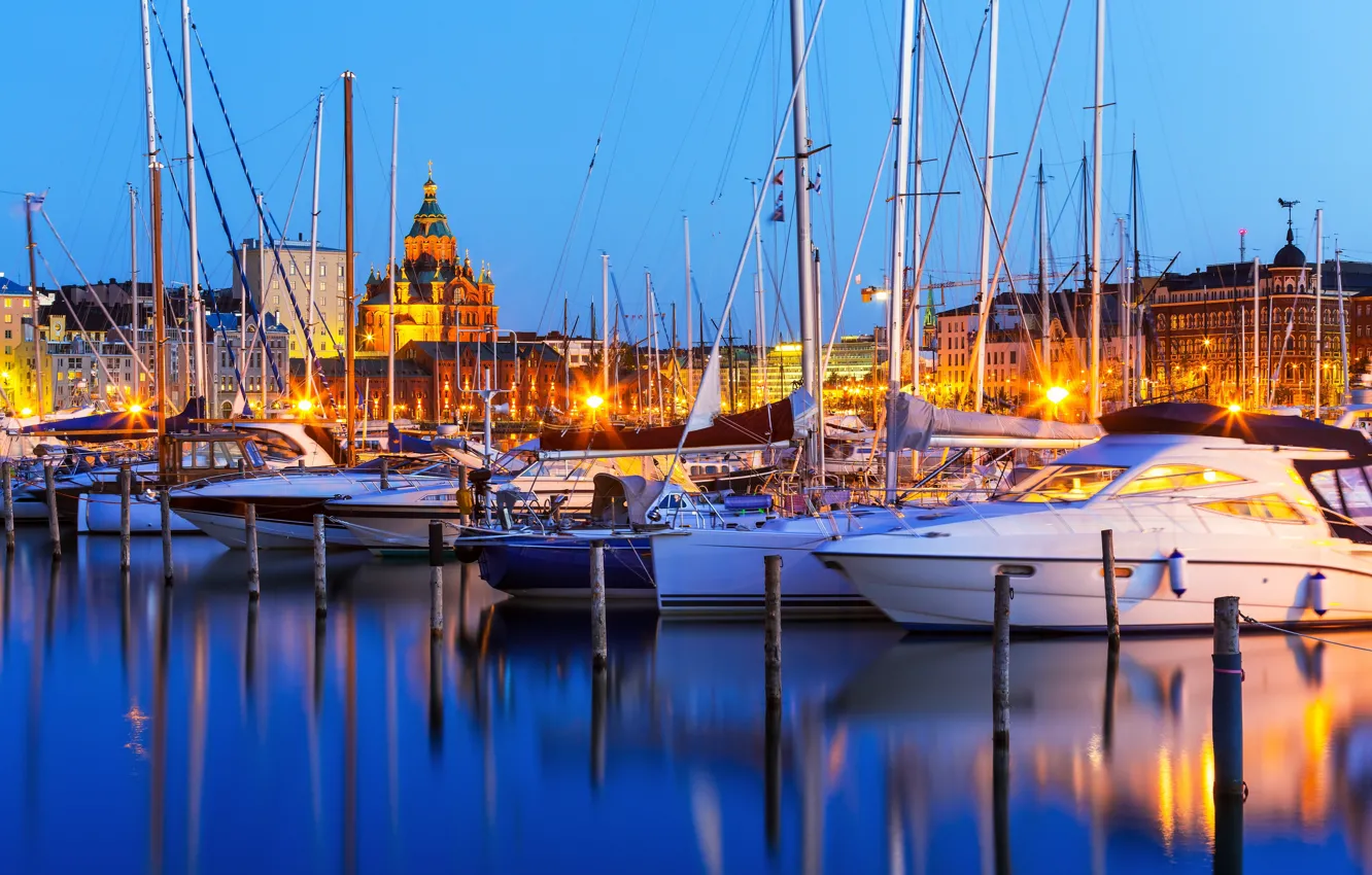 Фото обои яхты, порт, ночной город, гавань, Финляндия, Finland, Хельсинки, Helsinki