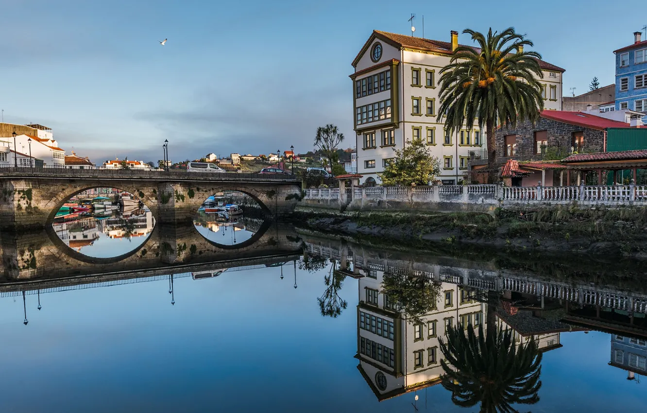 Фото обои мост, река, Испания, зеркальное отражение, Бетансос