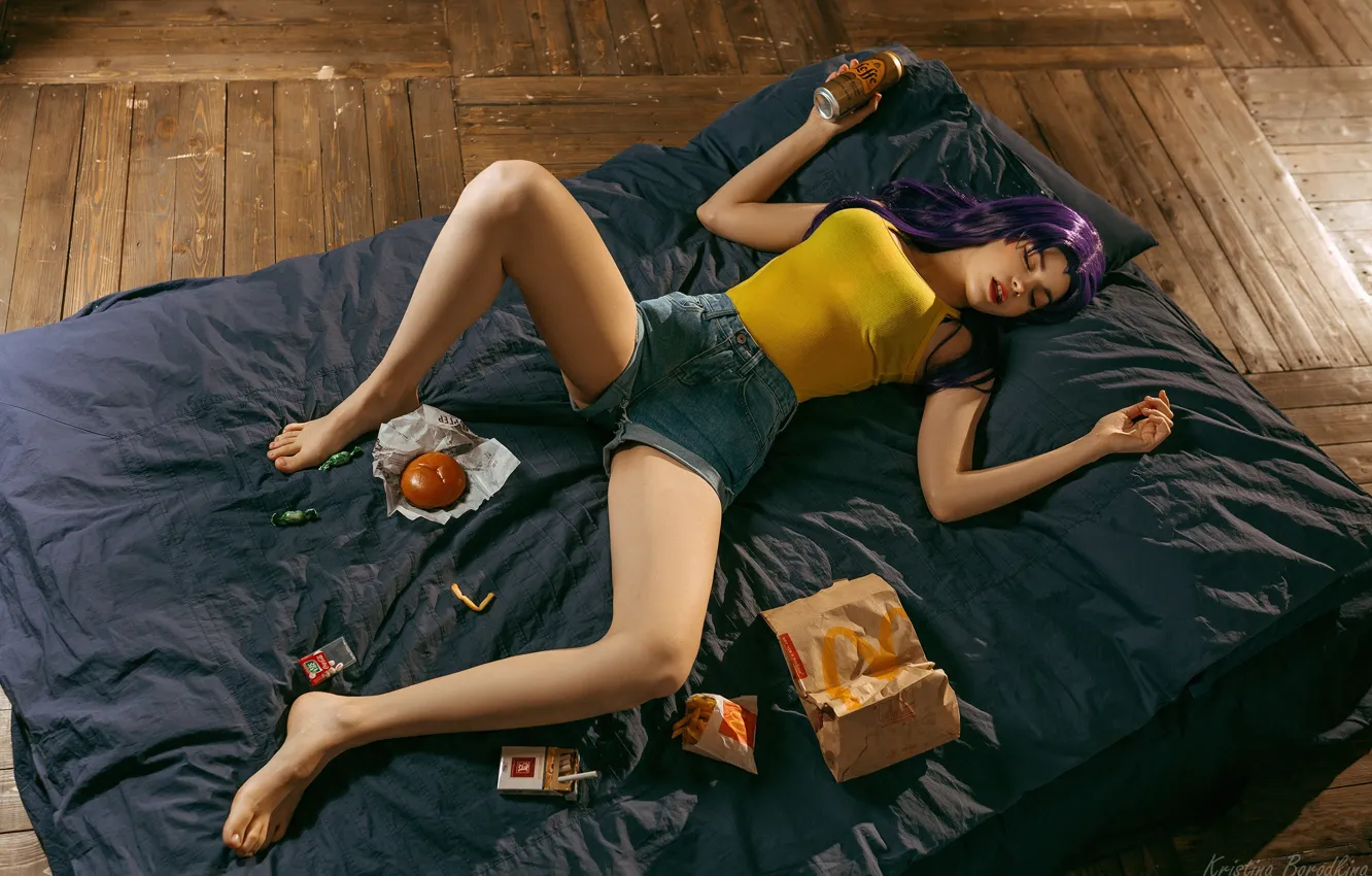 Фото обои long hair, barefoot, women, feet, purple hair, closed eyes, Kristina Borodkina, pointed toes