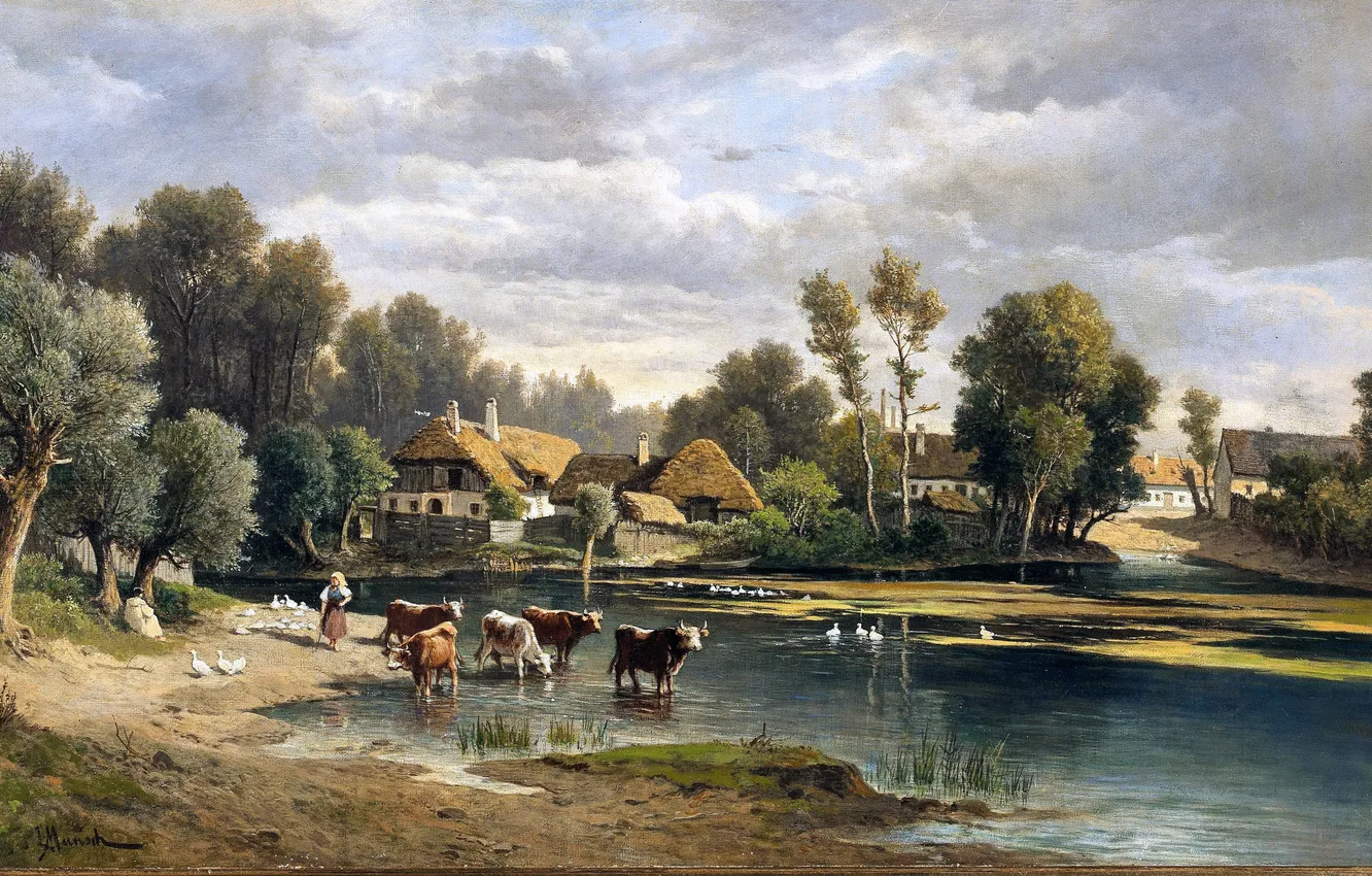 Фото обои Дома, Река, Картина, Коровы, Гуси, Австрийский художник-пейзажист, Leopold Munsch, Леопольд Мюнш