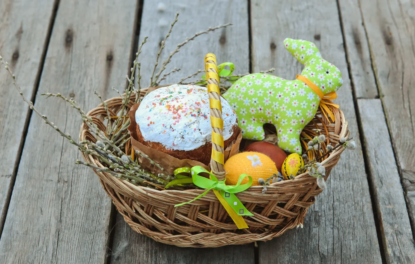 Фото обои ветки, корзина, яйца, Пасха, кулич, wood, верба, spring