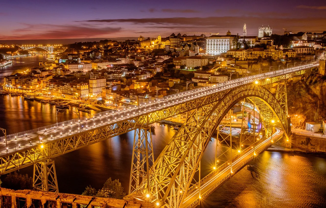 Фото обои мост, река, панорама, Португалия, ночной город, Portugal, Vila Nova de Gaia, Porto