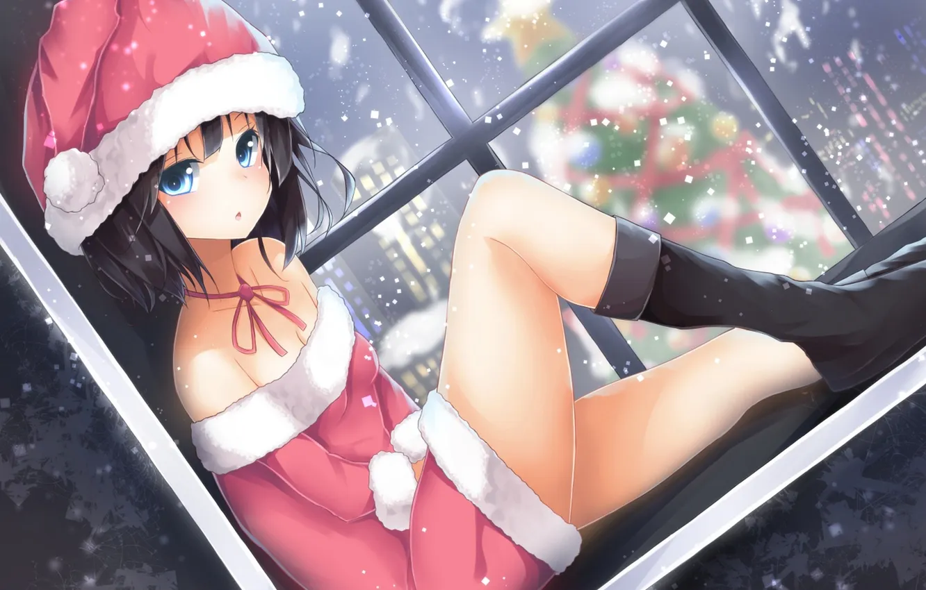 Фото обои зима, девушка, снег, праздник, шапка, рождество, аниме, арт